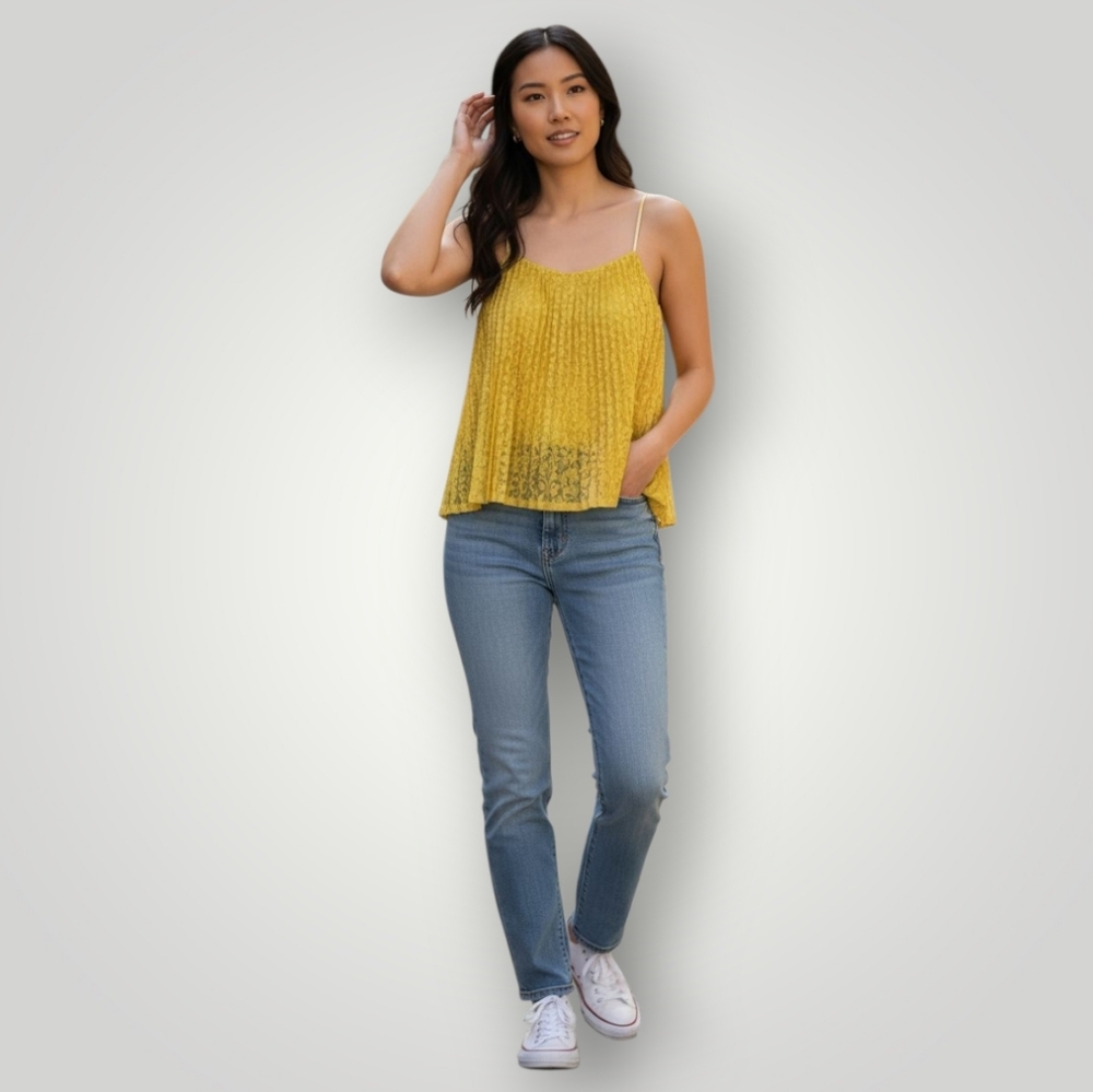 Ann Taylor Women's M Top Yellow Lace Overlay Pleated Cami‎ Blouse